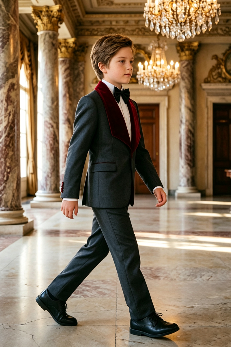 Boys Dark Grey Tuxedo with Burgundy Velvet Shawl Collar 2‑Piece Suit for Weddings