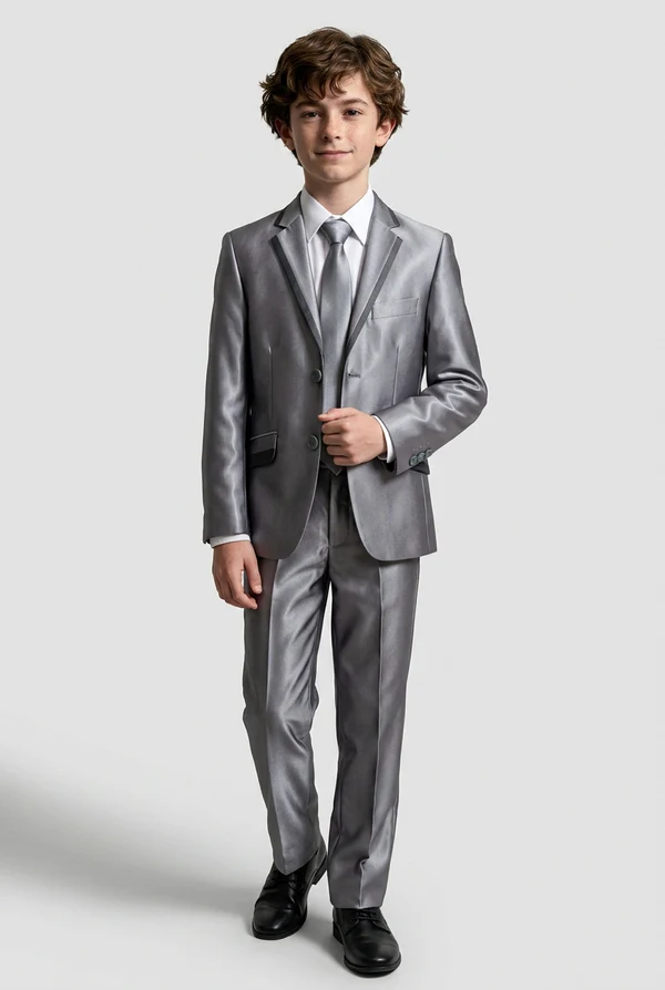 Silver & Black Satin Contrast Single‑Breasted Formal 2‑Piece Suit Set