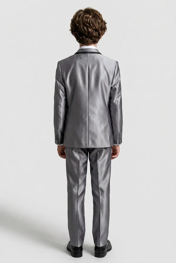 Silver & Black Satin Contrast Single‑Breasted Formal 2‑Piece Suit Set