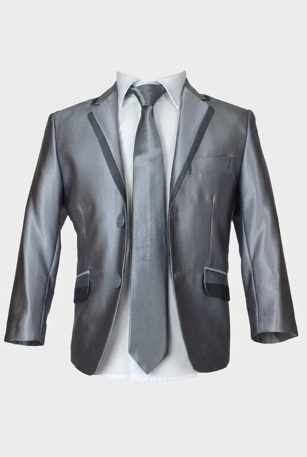 Silver & Black Satin Contrast Single‑Breasted Formal 2‑Piece Suit Set