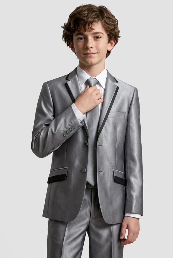 Silver & Black Satin Contrast Single‑Breasted Formal 2‑Piece Suit Set