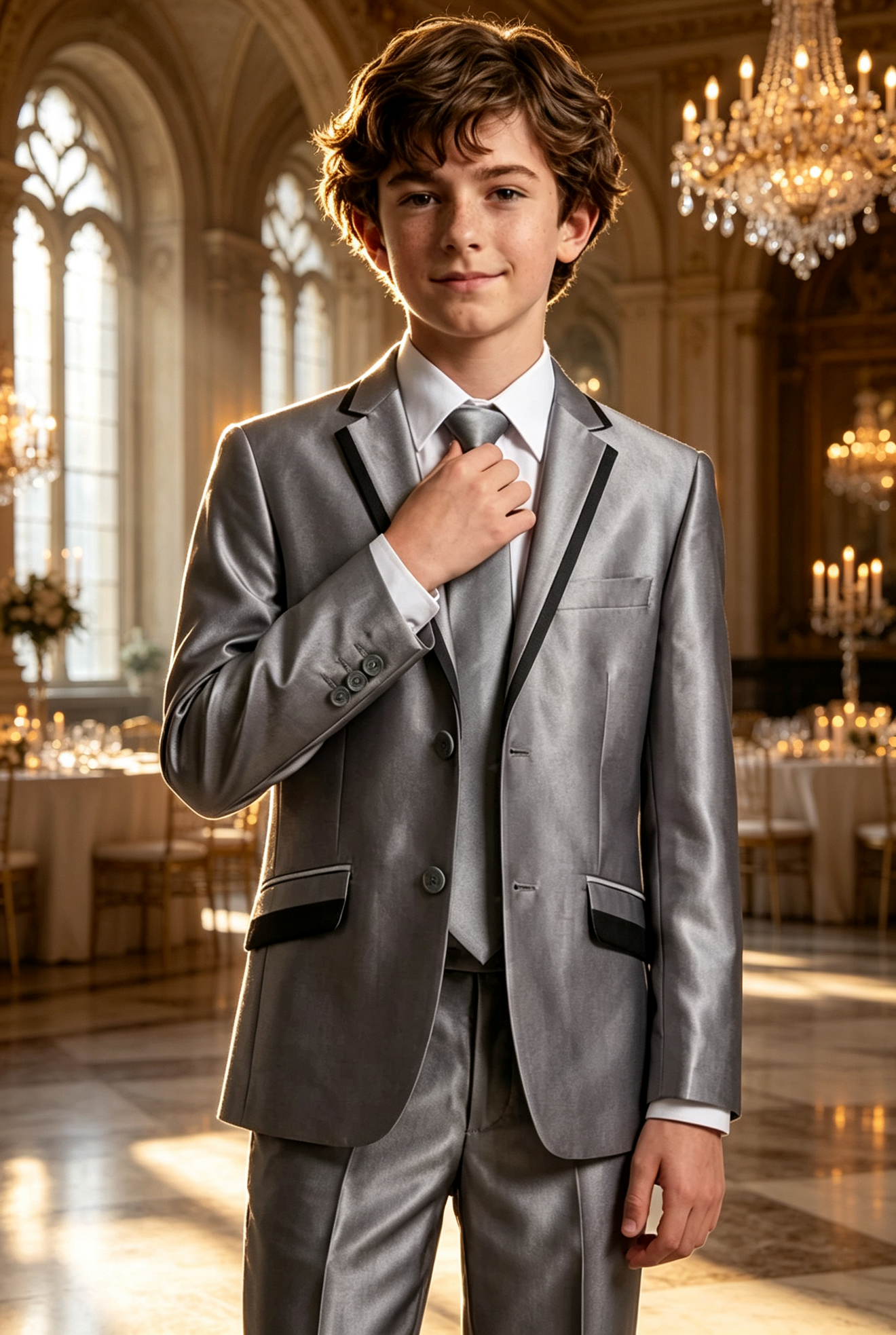 Silver & Black Satin Contrast Single‑Breasted Formal 2‑Piece Suit Set