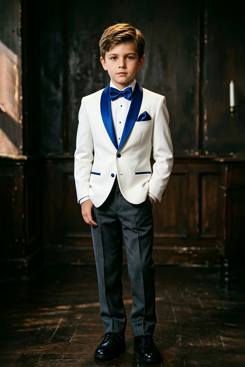 Boys White Tuxedo with Royal Blue Satin Shawl Collar 2‑Piece Suit for Weddings
