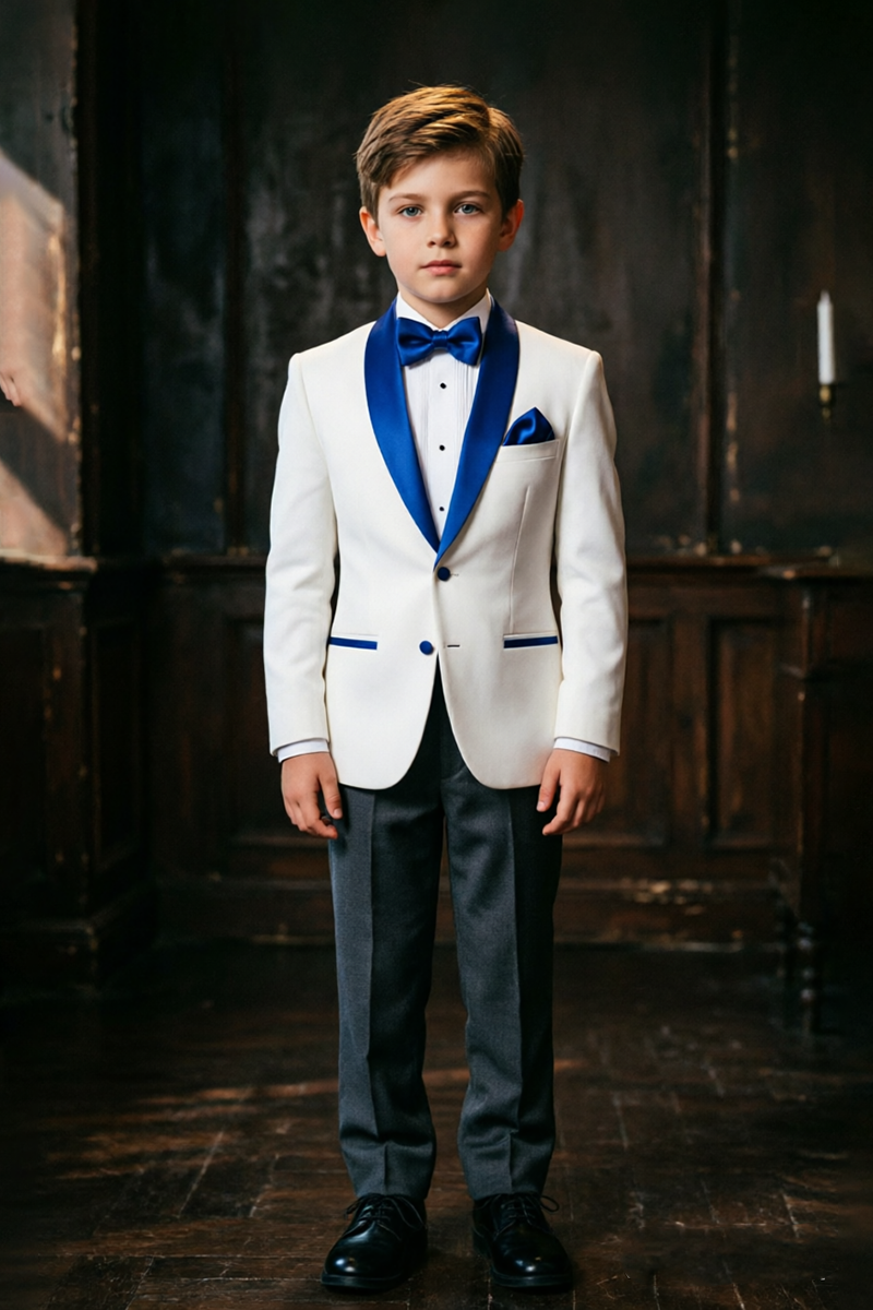 Boys White Tuxedo with Royal Blue Satin Shawl Collar 2‑Piece Suit for Weddings