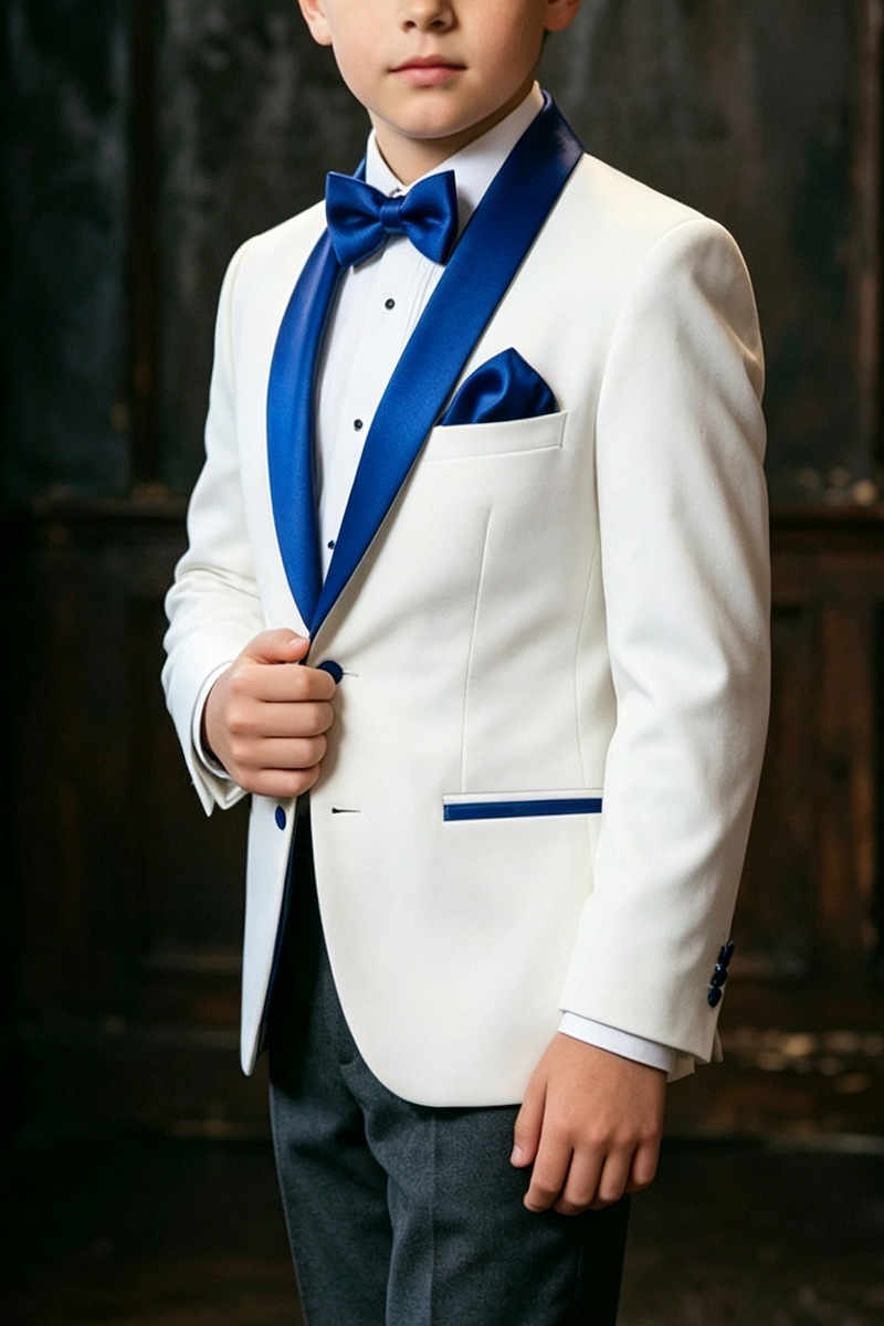 Boys White Tuxedo with Royal Blue Satin Shawl Collar 2‑Piece Suit for Weddings