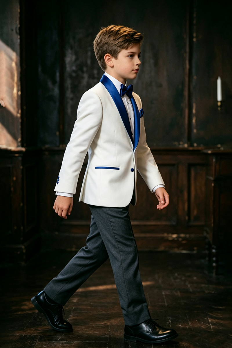 Boys White Tuxedo with Royal Blue Satin Shawl Collar 2‑Piece Suit for Weddings
