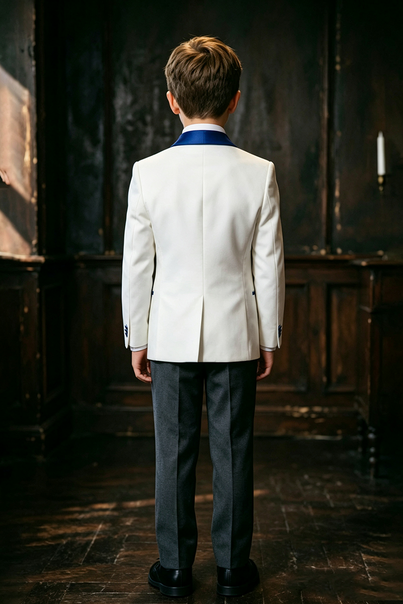 Boys White Tuxedo with Royal Blue Satin Shawl Collar 2‑Piece Suit for Weddings