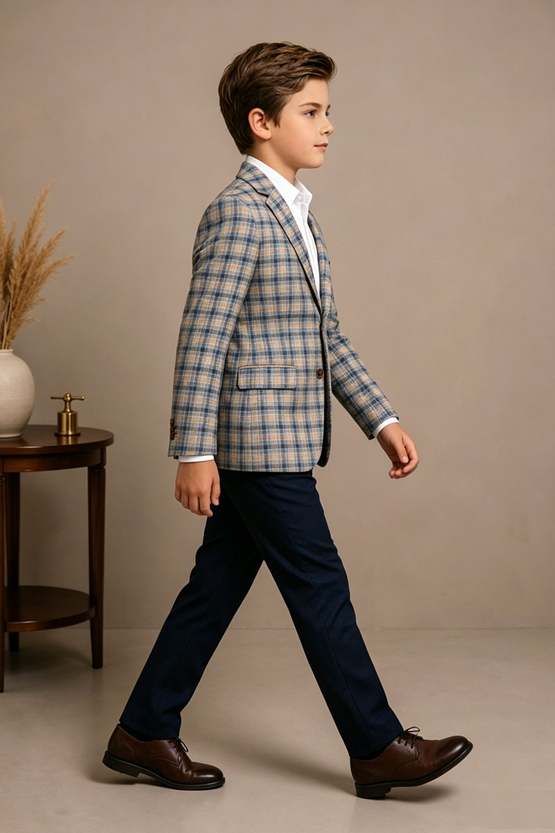 Boys Plaid Pattern with Classic Notch Lapel 2‑Piece Suit for Weddings