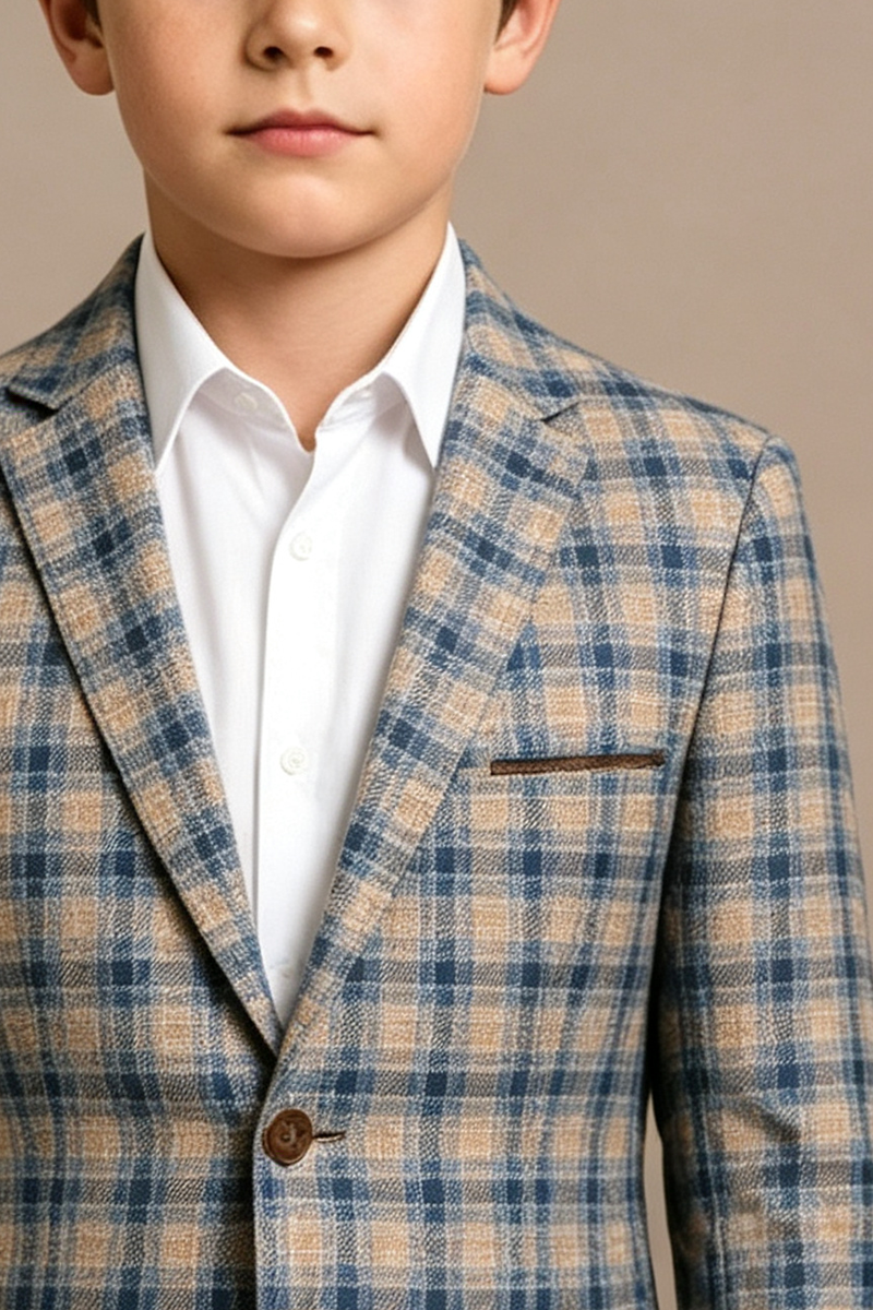 Boys Plaid Pattern with Classic Notch Lapel 2‑Piece Suit for Weddings