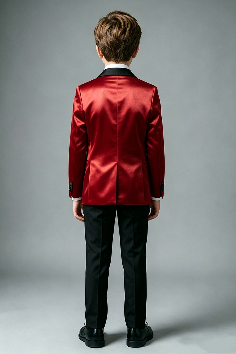 Boys Red Satin with Black Shawl Collar 2‑Piece Suit for Weddings