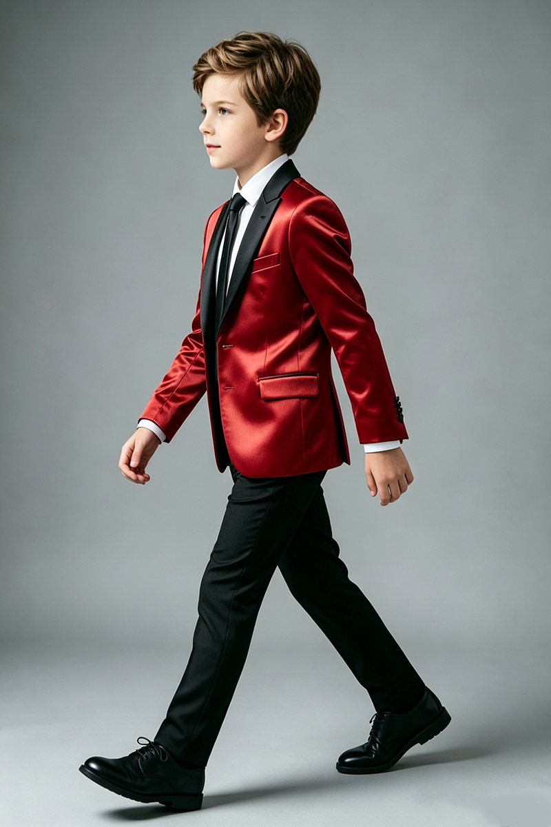 Boys Red Satin with Black Shawl Collar 2‑Piece Suit for Weddings