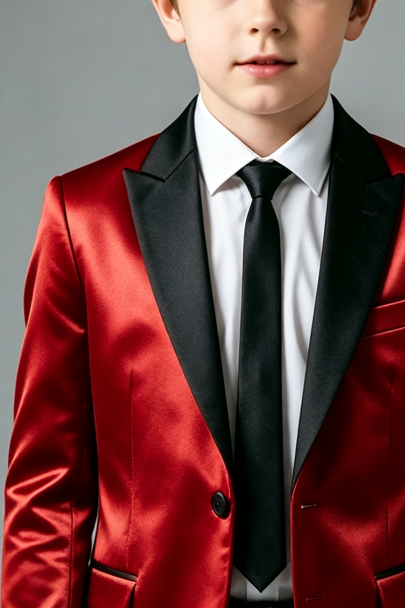 Boys Red Satin with Black Shawl Collar 2‑Piece Suit for Weddings