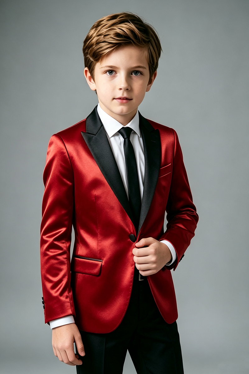 Boys Red Satin with Black Shawl Collar 2‑Piece Suit for Weddings