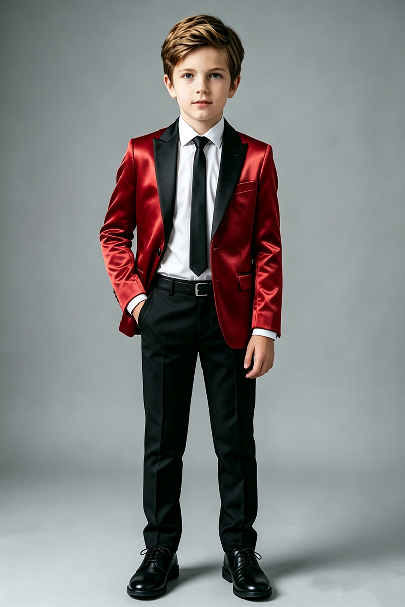 Boys Red Satin with Black Shawl Collar 2‑Piece Suit for Weddings