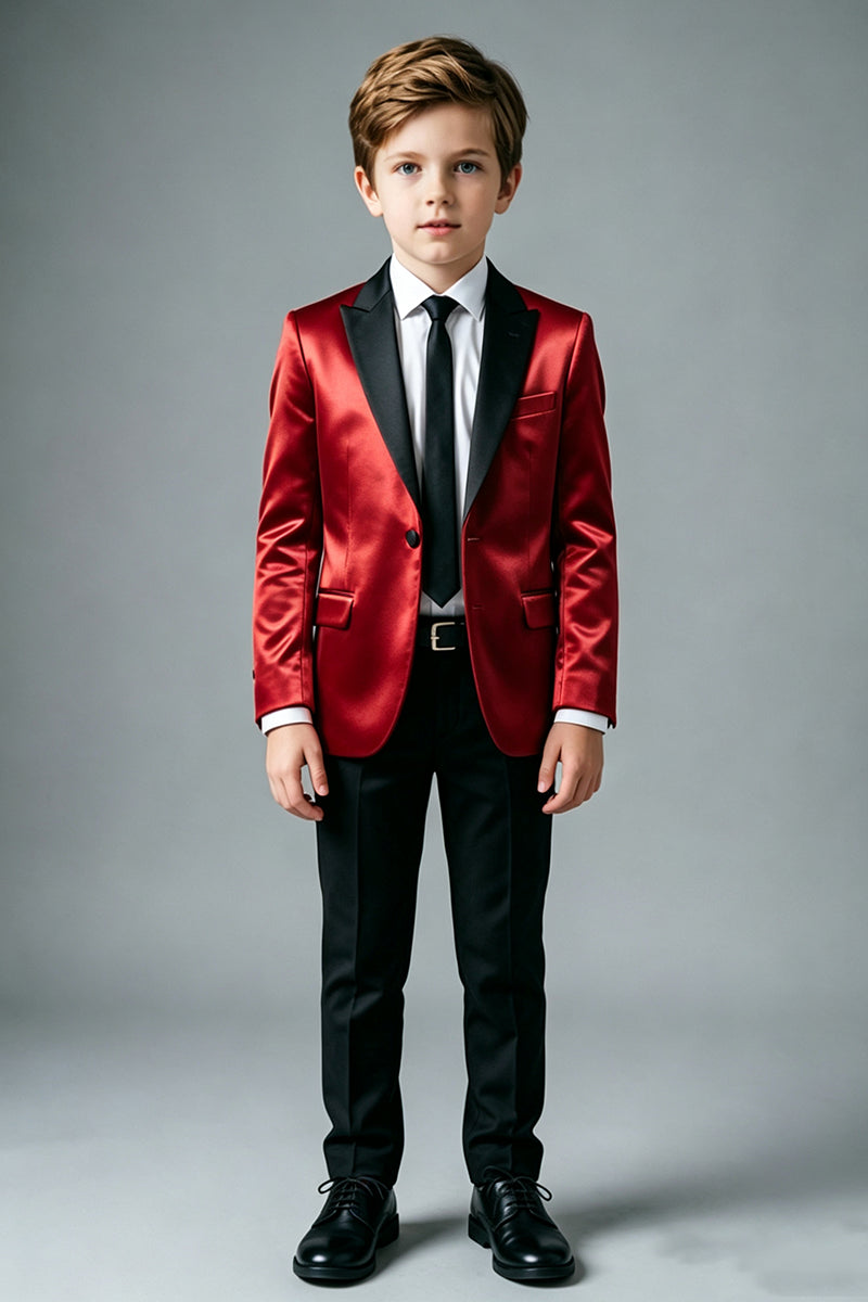 Boys Red Satin with Black Shawl Collar 2‑Piece Suit for Weddings