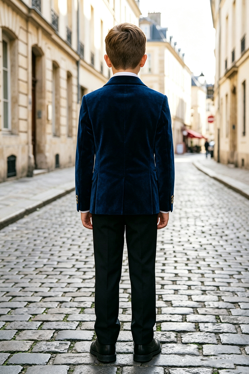 Boys Navy Blue Velvet with Peak Lapel2‑Piece Suit for Weddings