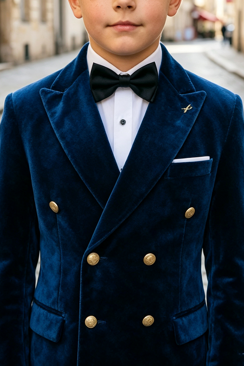 Boys Navy Blue Velvet with Peak Lapel2‑Piece Suit for Weddings