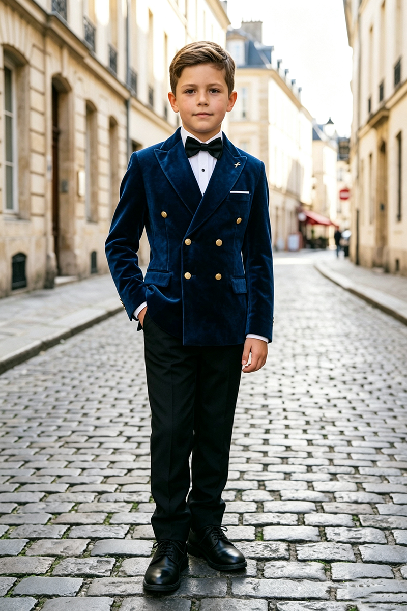 Boys Navy Blue Velvet with Peak Lapel2‑Piece Suit for Weddings