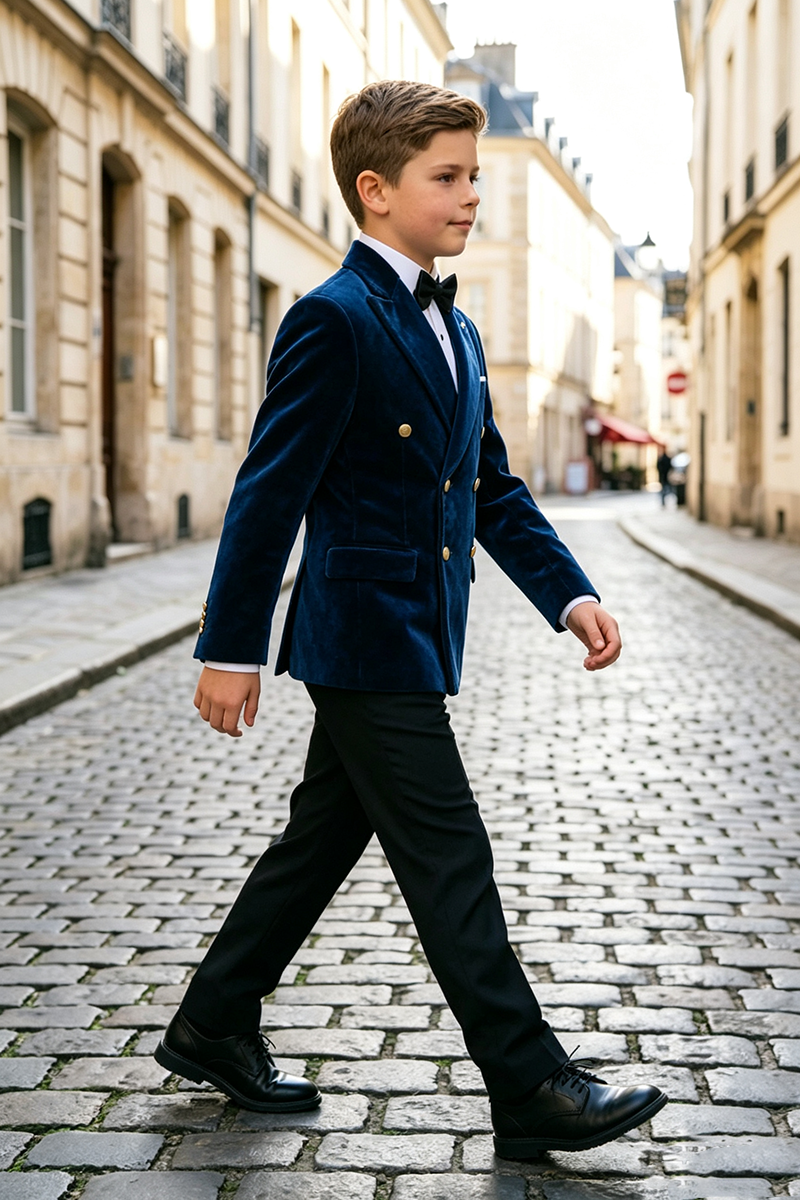 Boys Navy Blue Velvet with Peak Lapel2‑Piece Suit for Weddings