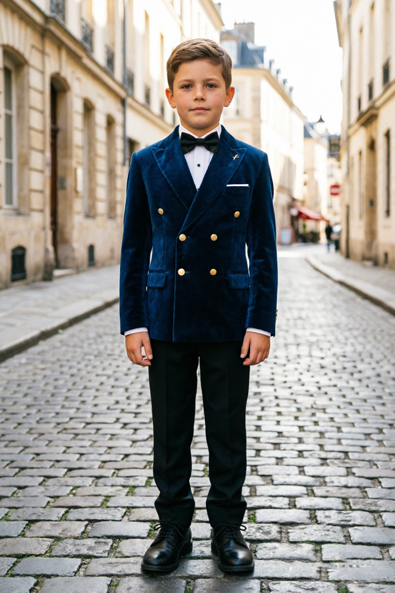 Boys Navy Blue Velvet with Peak Lapel2‑Piece Suit for Weddings