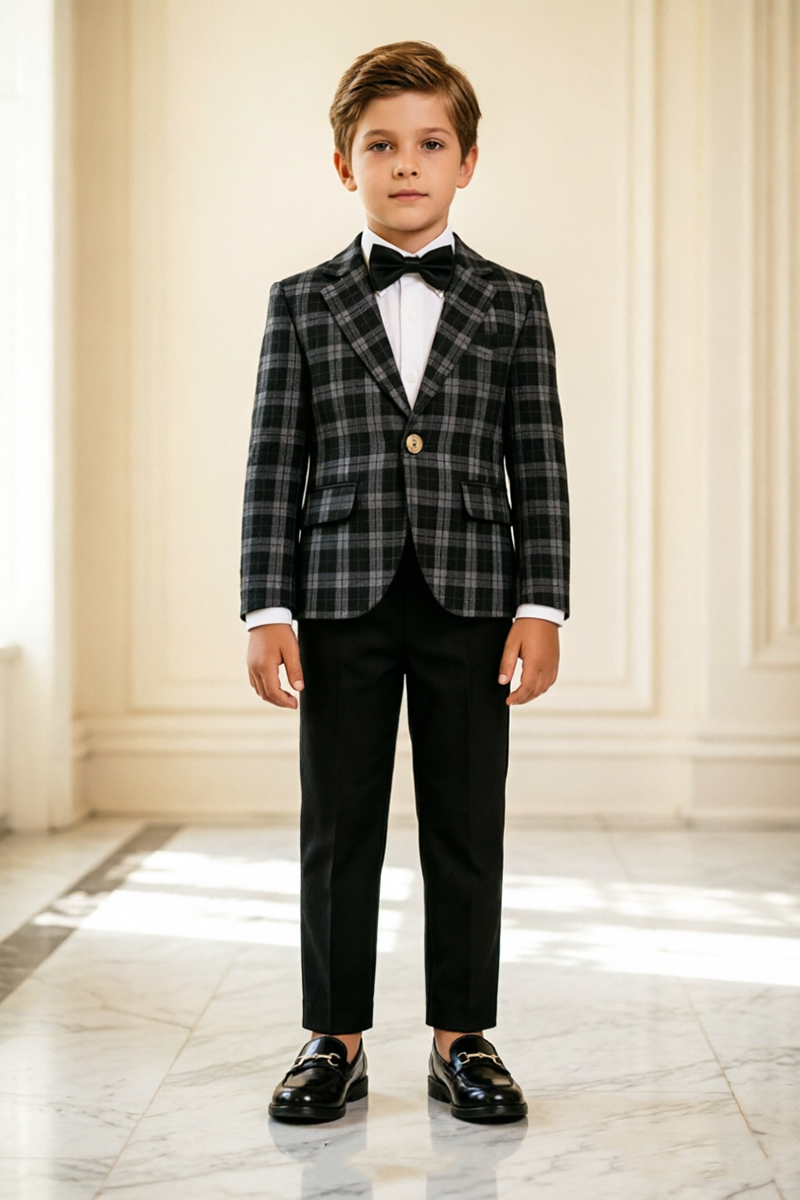 Boys Black & Grey Plaid 2‑Piece Suit for Weddings with Classic Notch Lapel