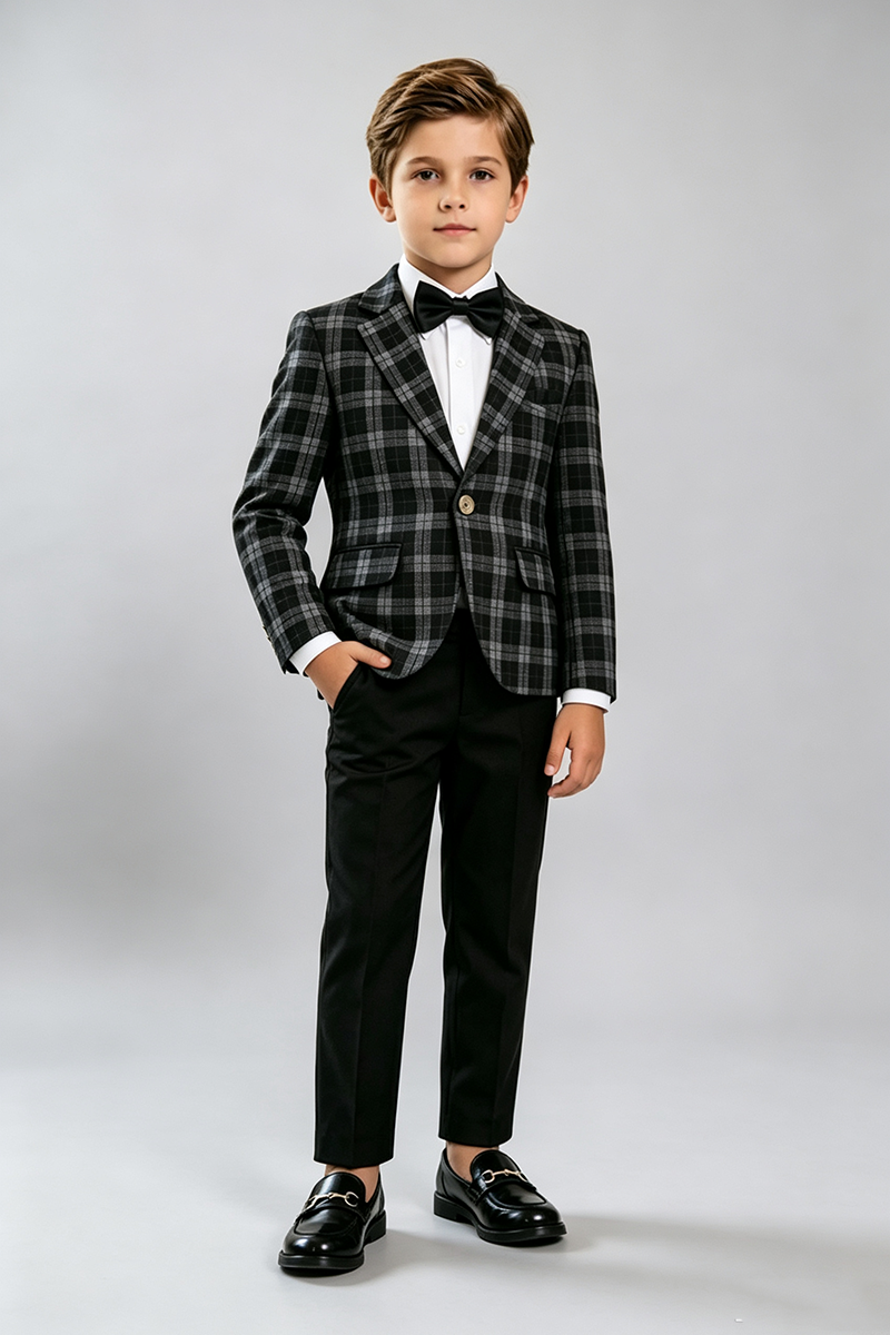 Boys Black & Grey Plaid 2‑Piece Suit for Weddings with Classic Notch Lapel