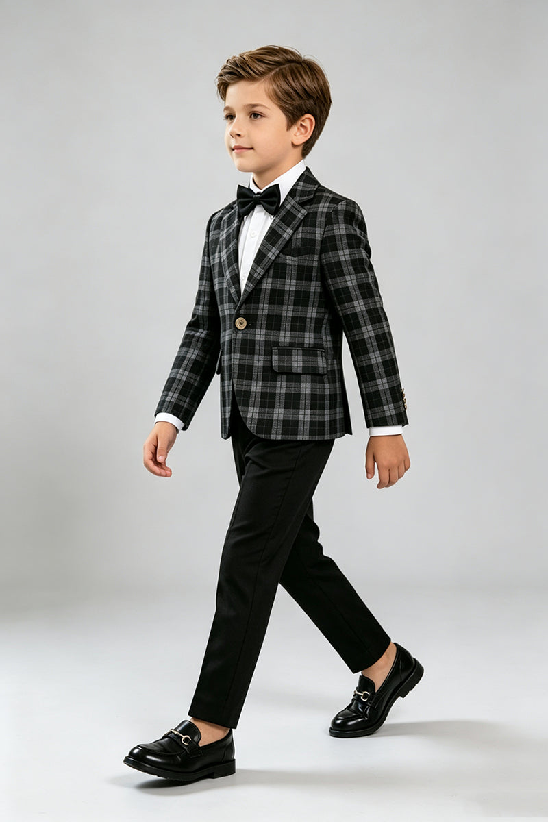 Boys Black & Grey Plaid 2‑Piece Suit for Weddings with Classic Notch Lapel