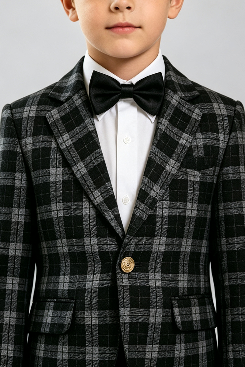 Boys Black & Grey Plaid 2‑Piece Suit for Weddings with Classic Notch Lapel