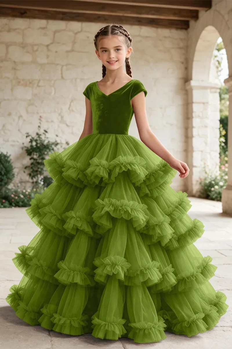 Girls Burgundy Velvet Tulle Gown for Weddings with Layered Ruffle Skirt