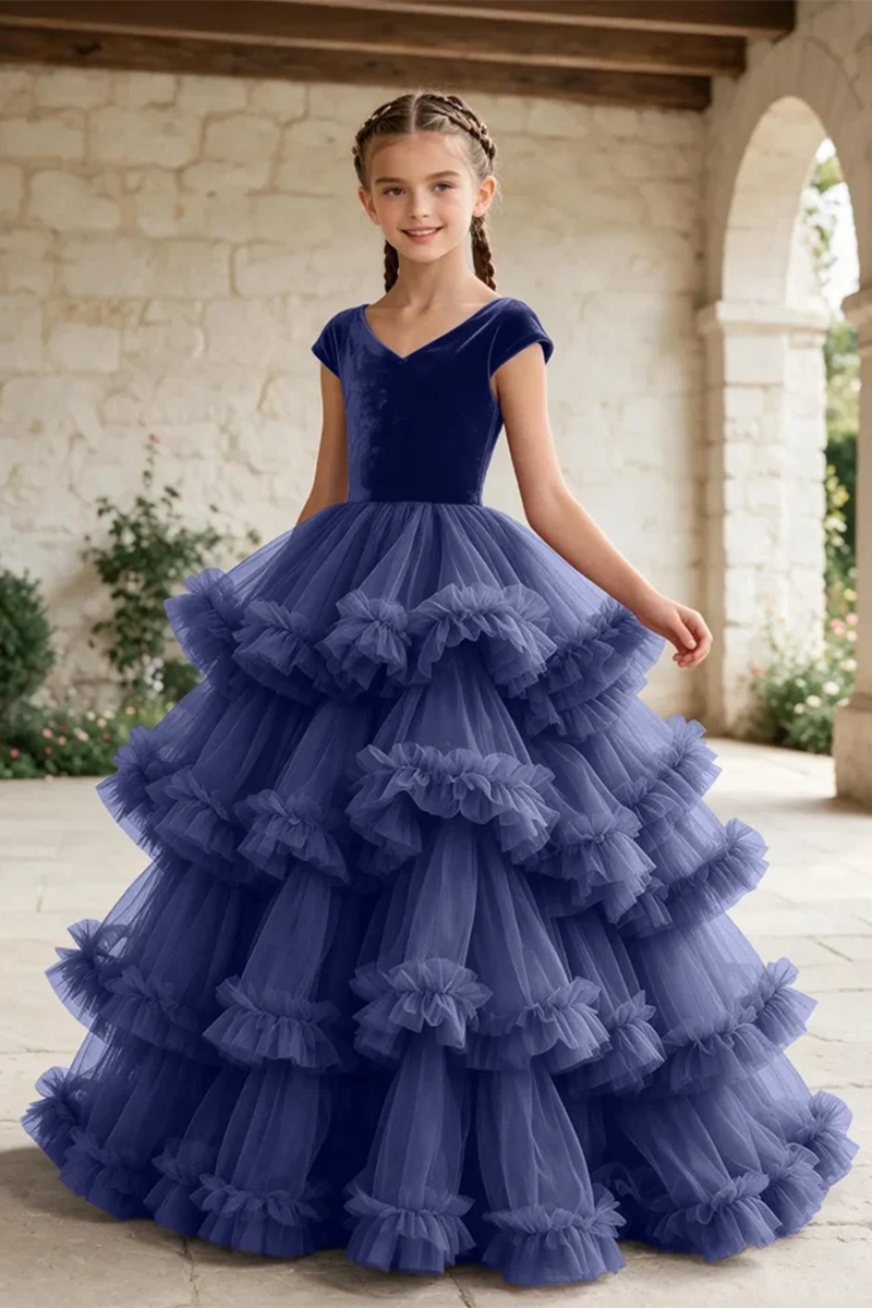 Girls Burgundy Velvet Tulle Gown for Weddings with Layered Ruffle Skirt