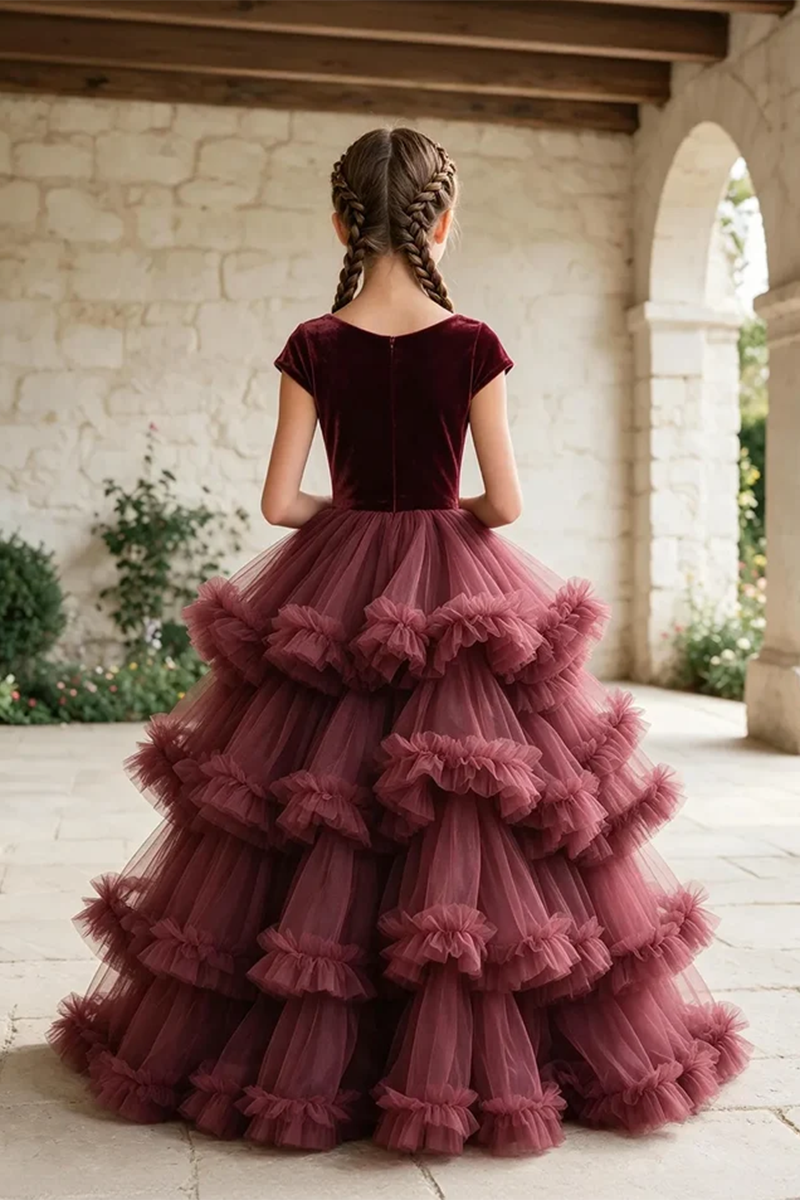 Girls Burgundy Velvet Tulle Gown for Weddings with Layered Ruffle Skirt
