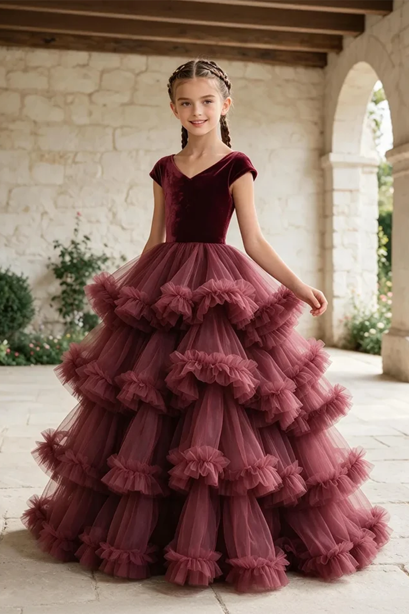 Girls Burgundy Velvet Tulle Gown for Weddings with Layered Ruffle Skirt