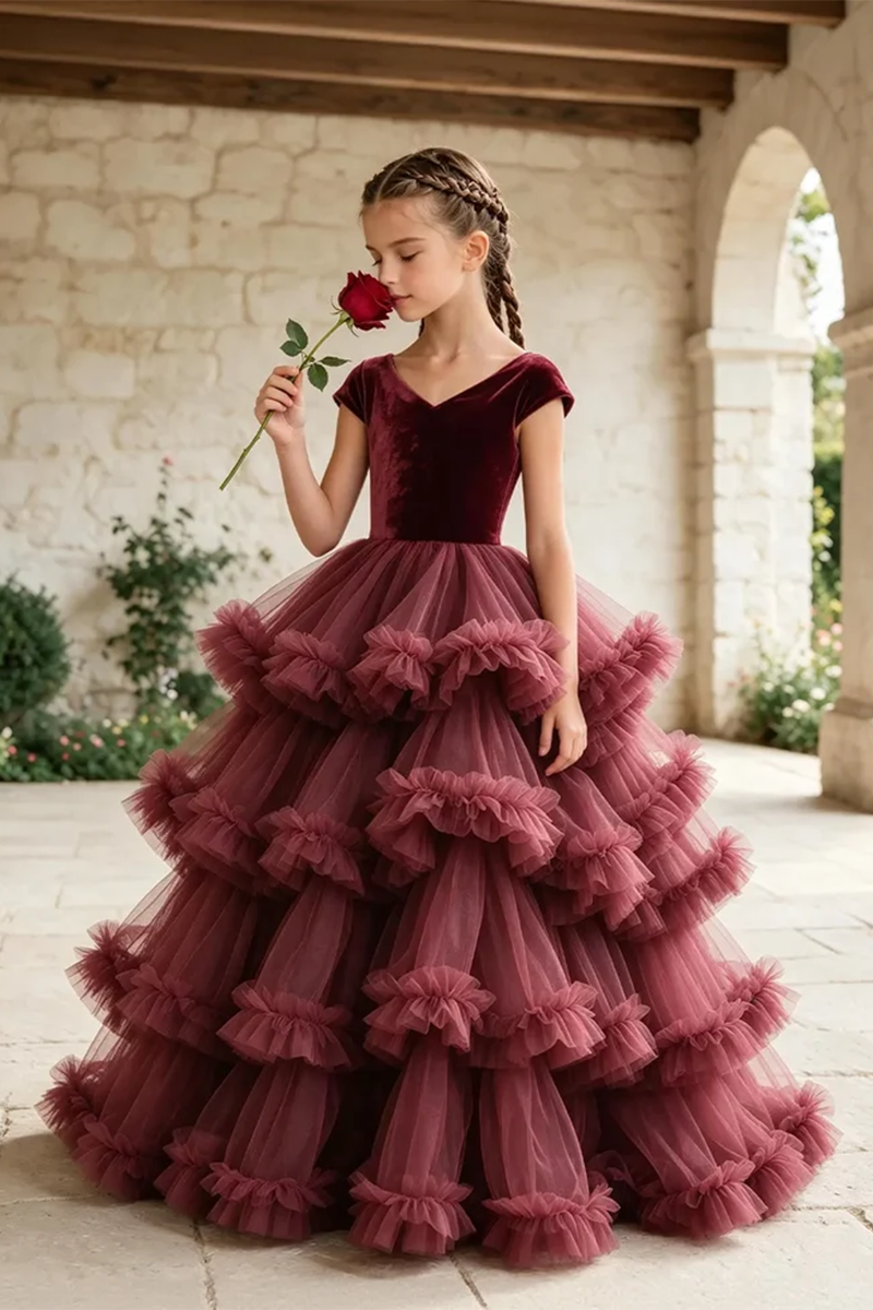 Girls Burgundy Velvet Tulle Gown for Weddings with Layered Ruffle Skirt