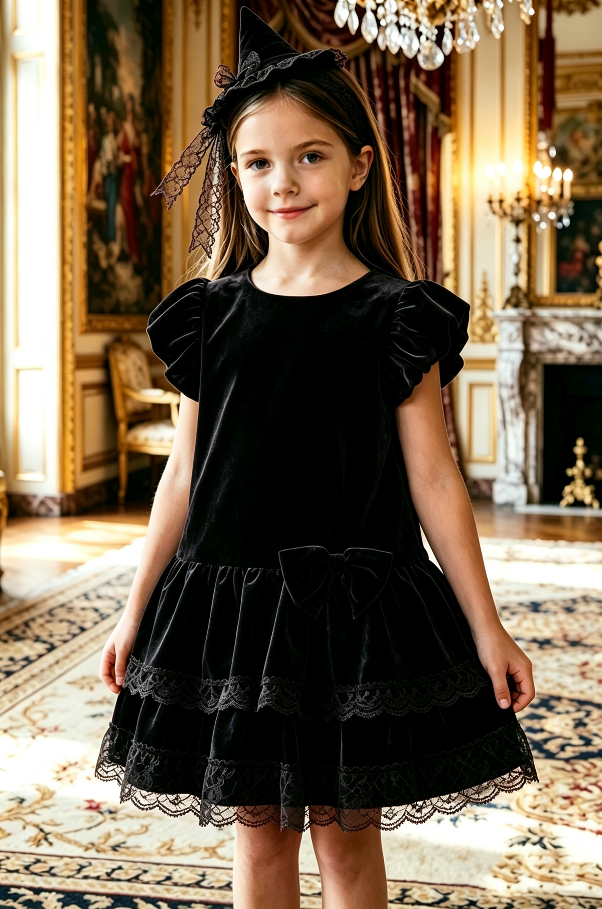 Burgundy Velvet Puff Sleeve Tiered Lace A‑Line Party Formal Dress