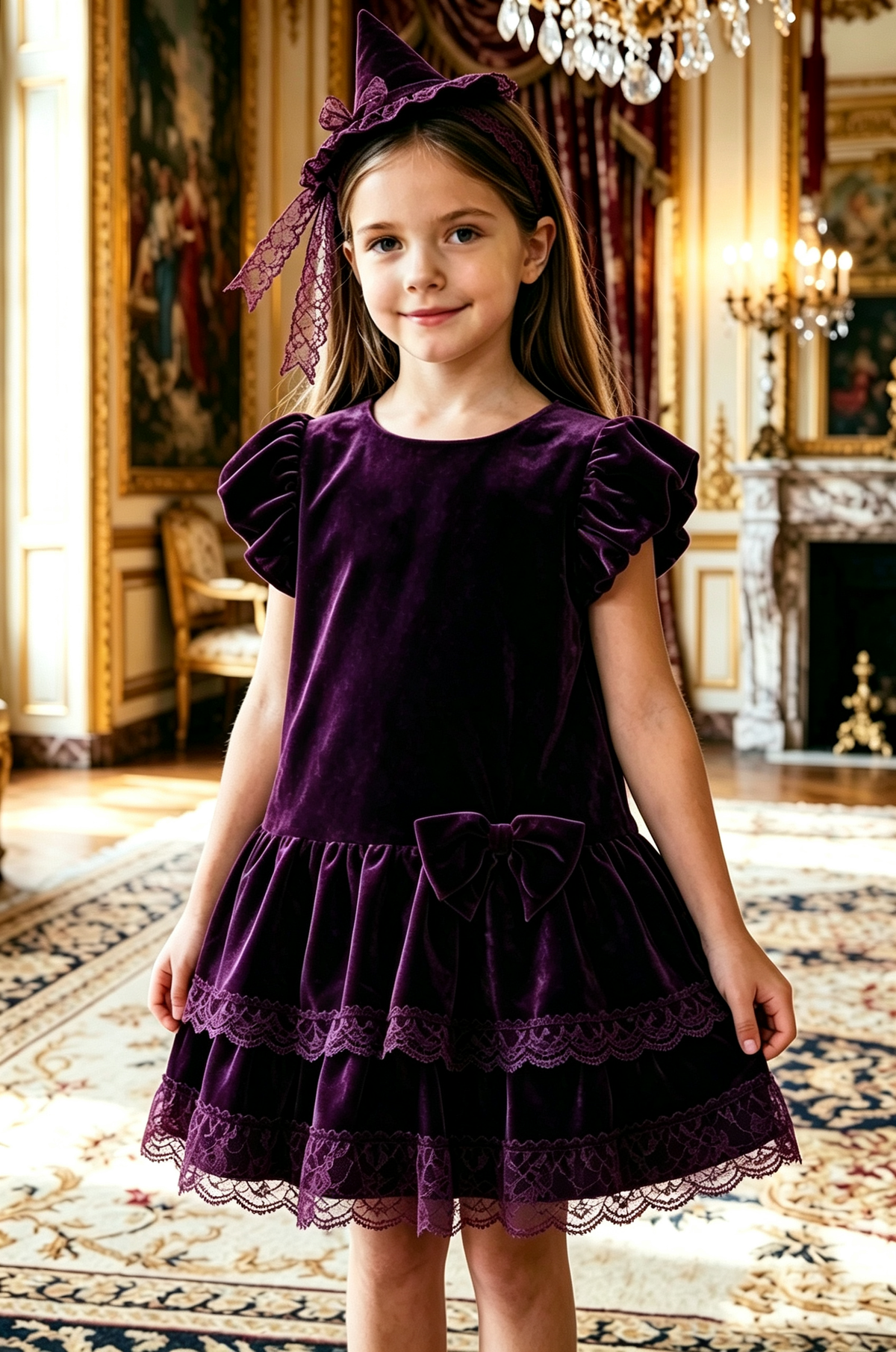 Burgundy Velvet Puff Sleeve Tiered Lace A‑Line Party Formal Dress