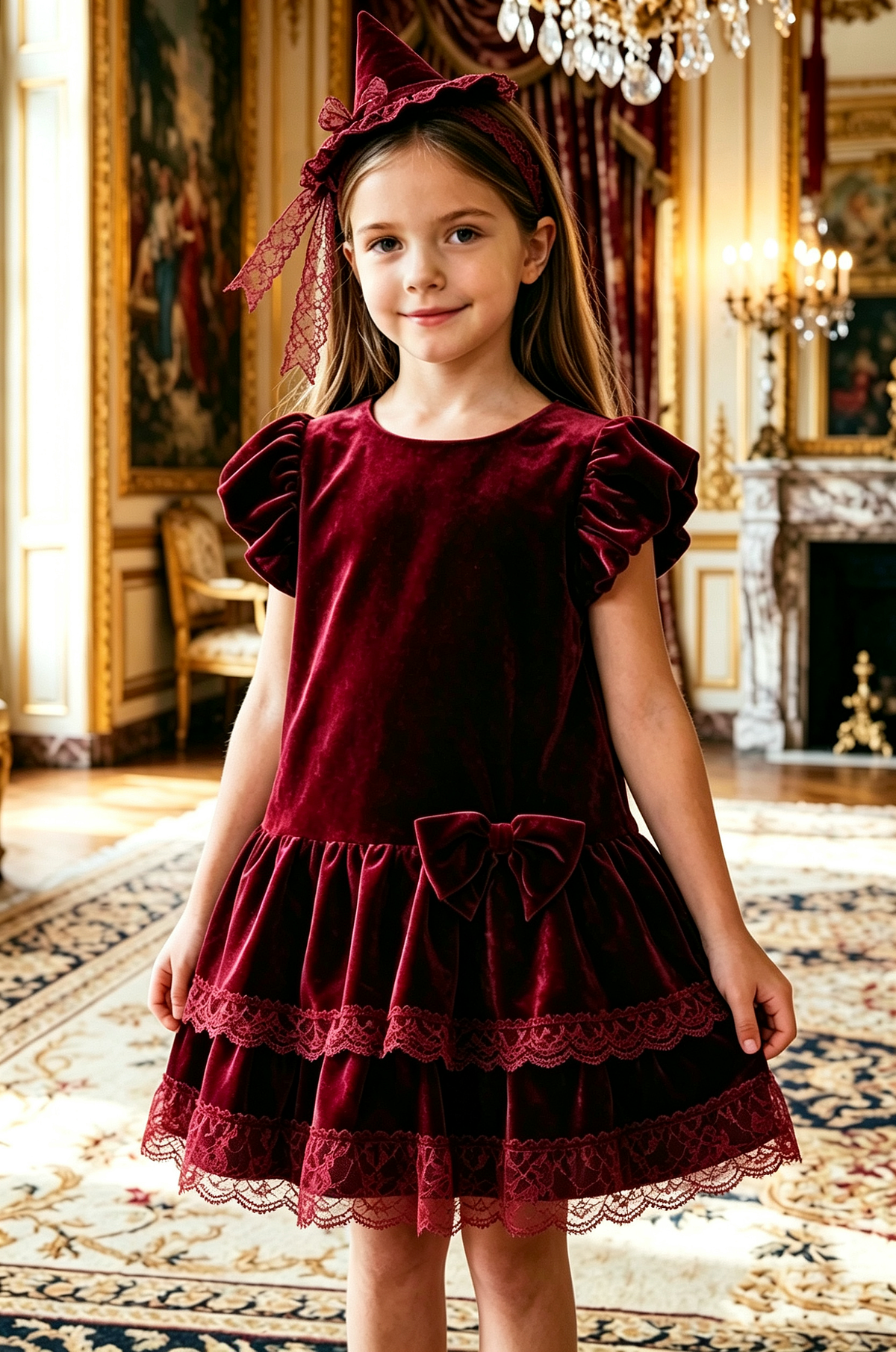 Burgundy Velvet Puff Sleeve Tiered Lace A‑Line Party Formal Dress