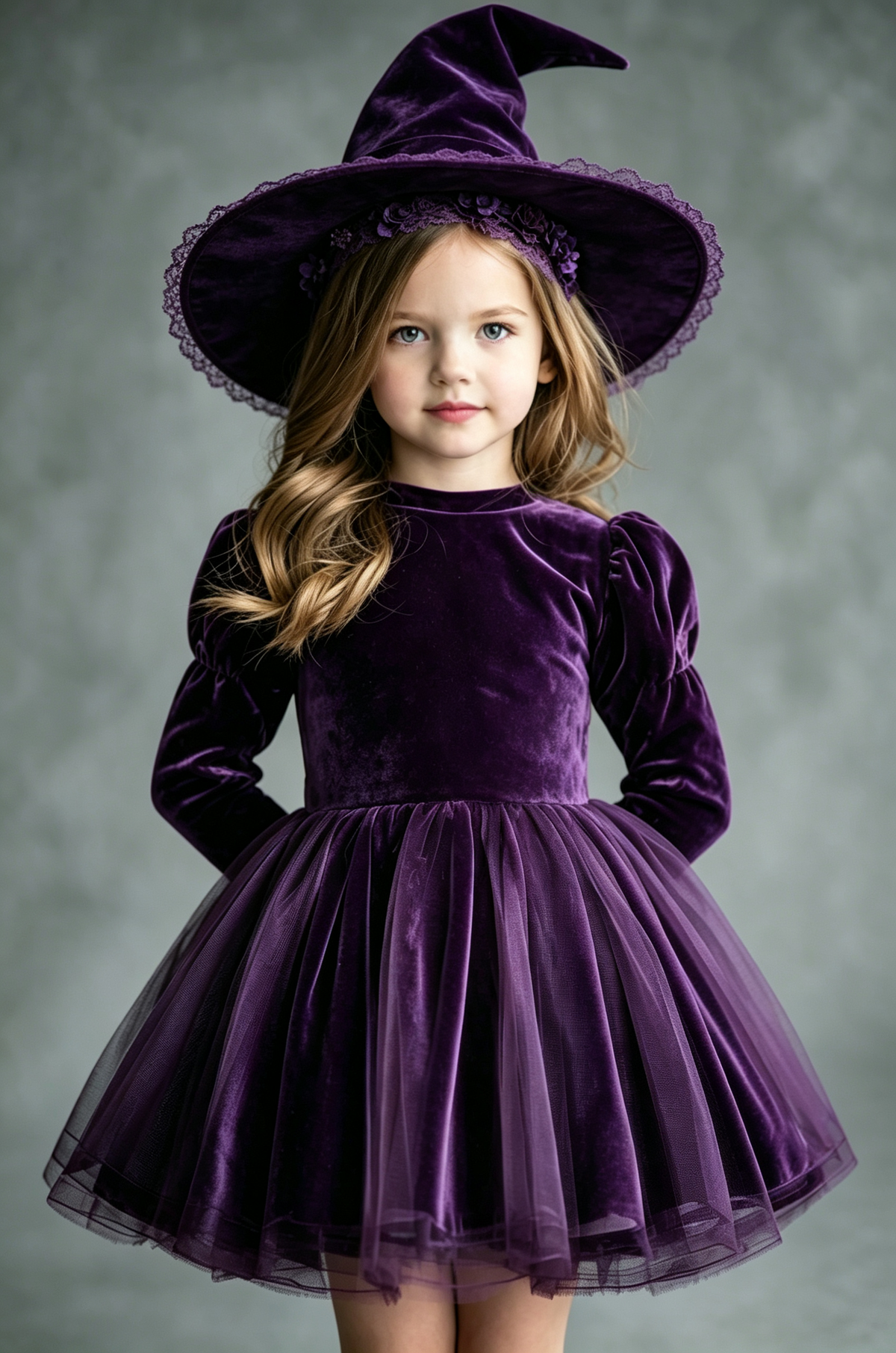 Deep Purple Velvet Tulle Long Puff Sleeve A‑Line Party Dress