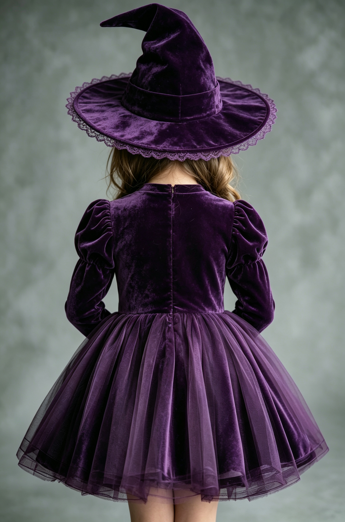 Deep Purple Velvet Tulle Long Puff Sleeve A‑Line Party Dress