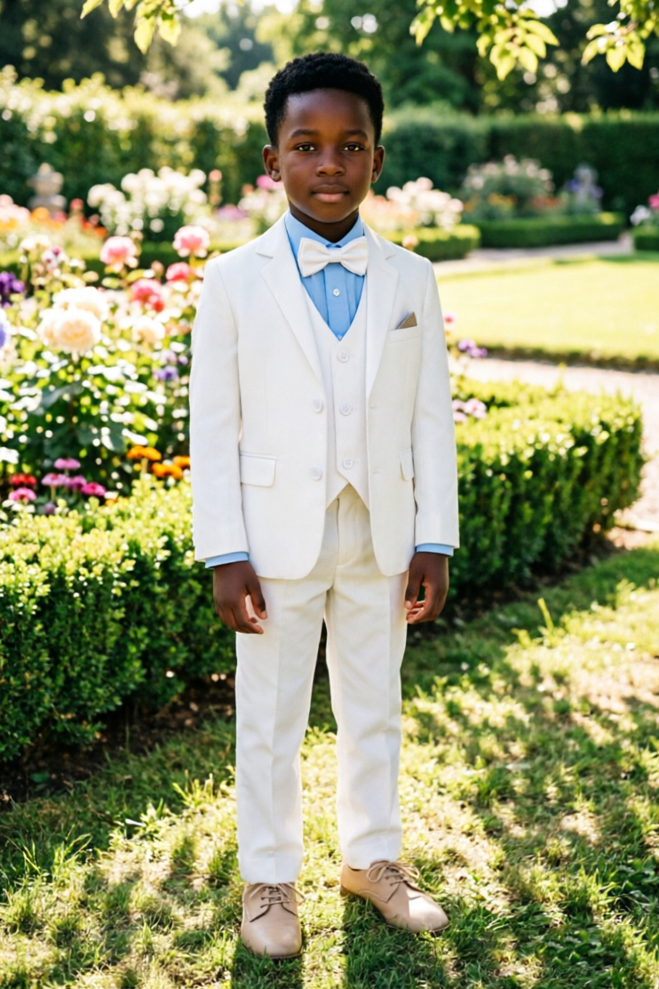 White Blend Single‑Breasted Basic Formal 3‑Piece Suit