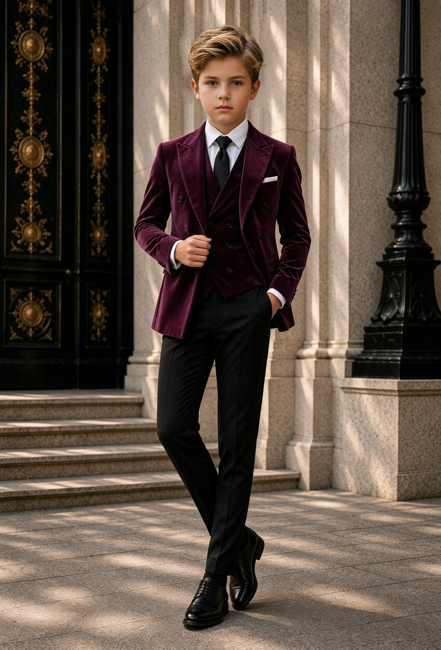 Deep Purple Velvet & Black Blend Double‑Breasted 3‑Piece Suit