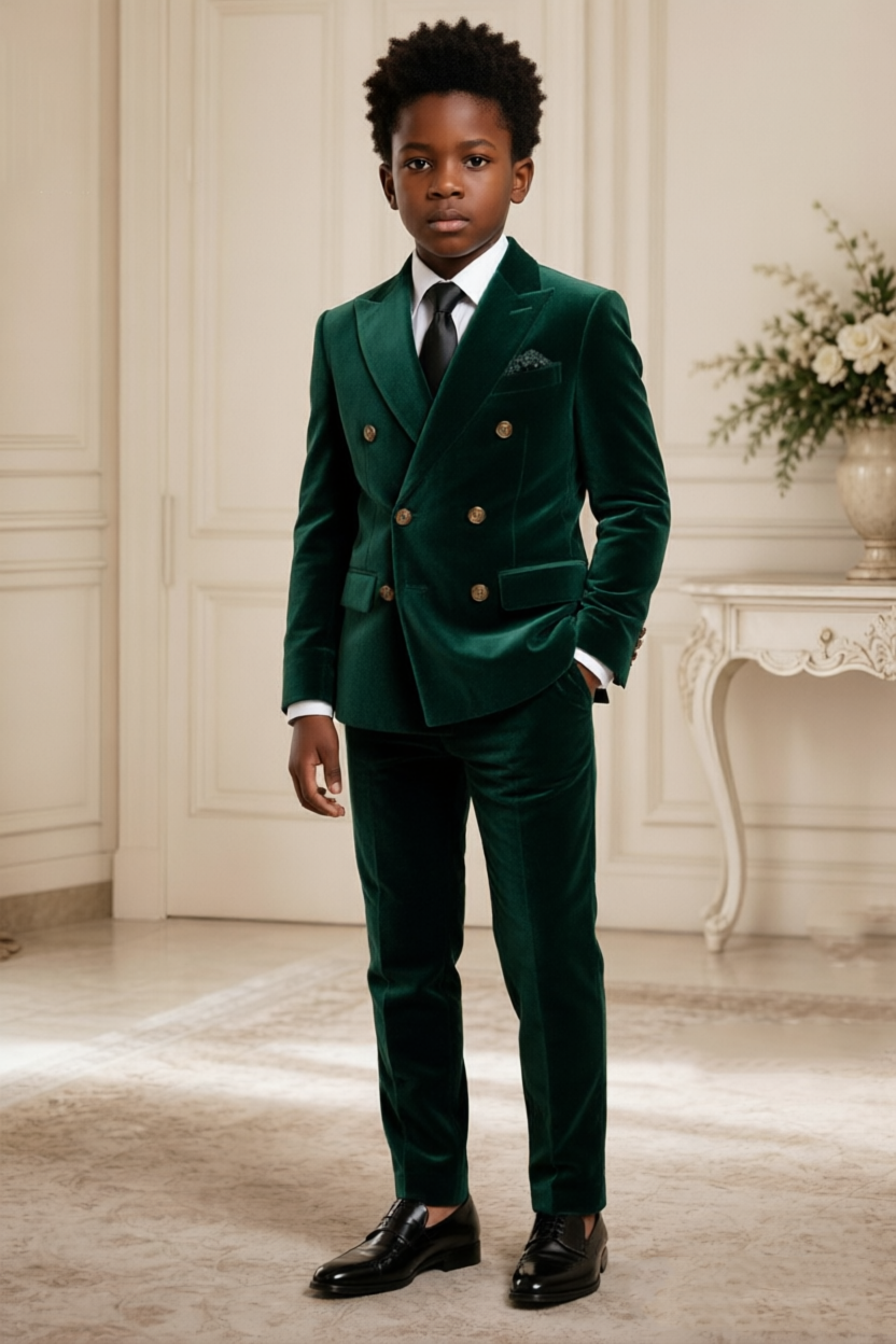 Dark Green Velvet Gold Button Double‑Breasted Formal 2‑Piece Suit
