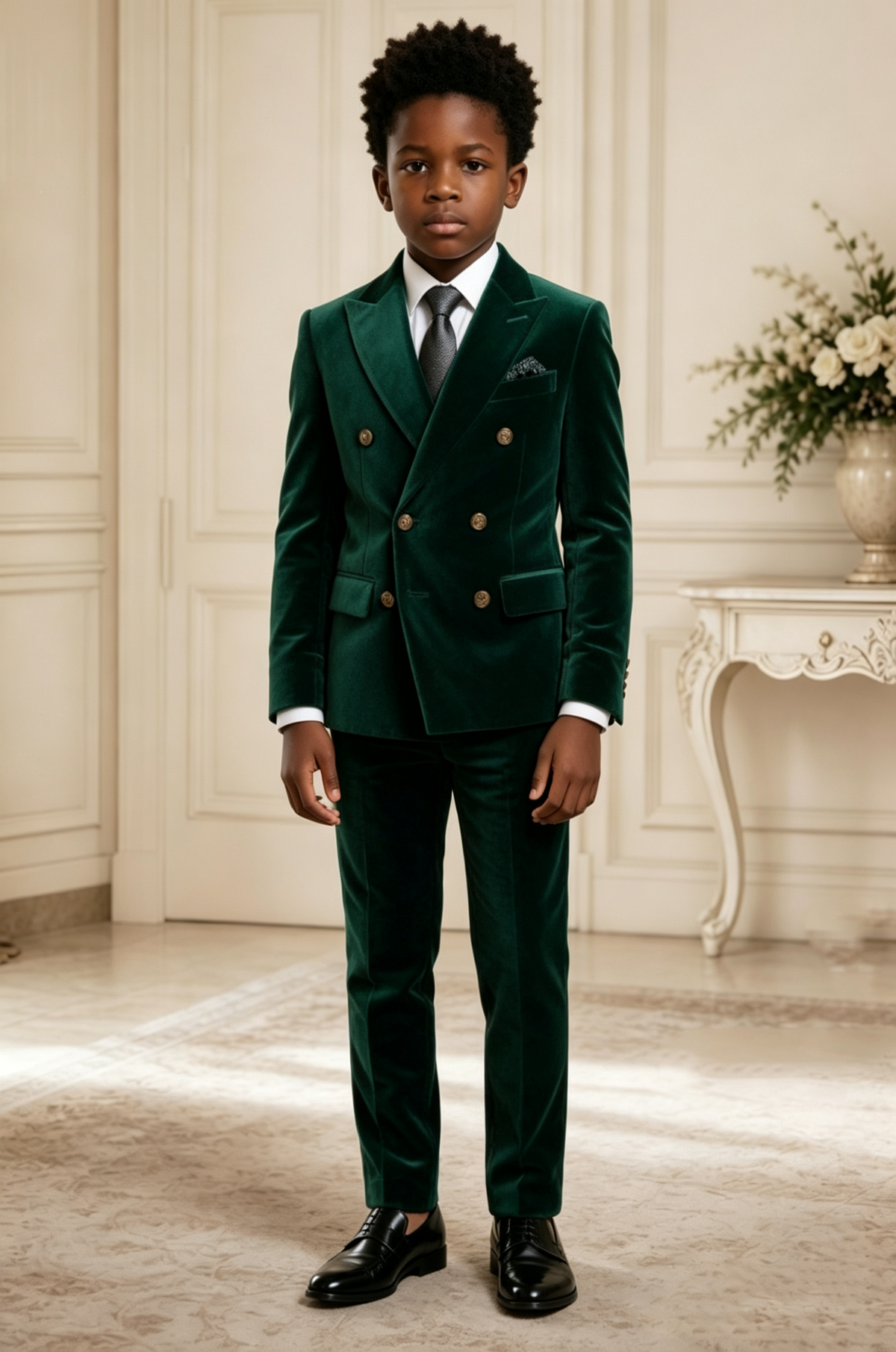 Dark Green Velvet Gold Button Double‑Breasted Formal 2‑Piece Suit