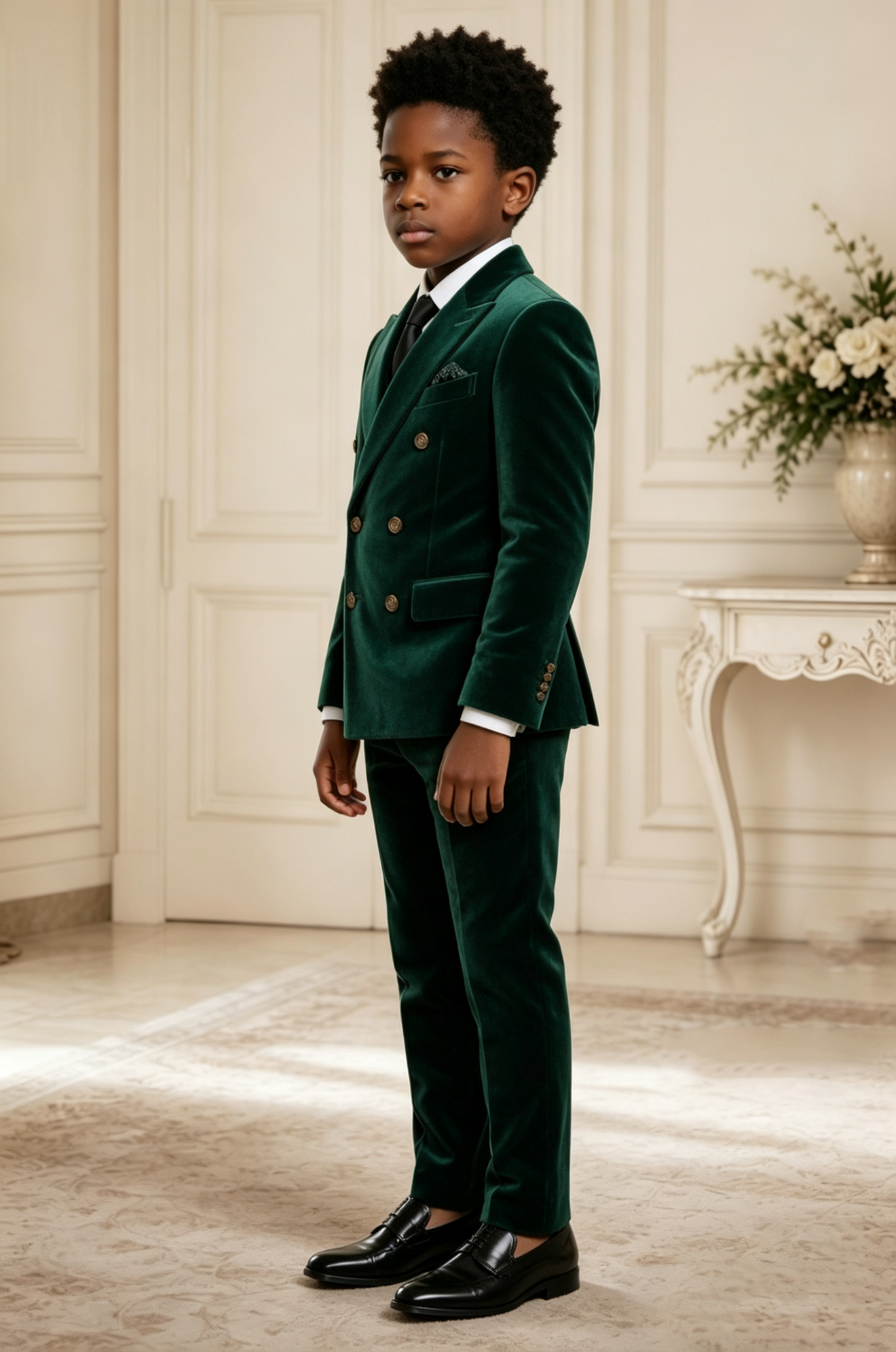 Dark Green Velvet Gold Button Double‑Breasted Formal 2‑Piece Suit