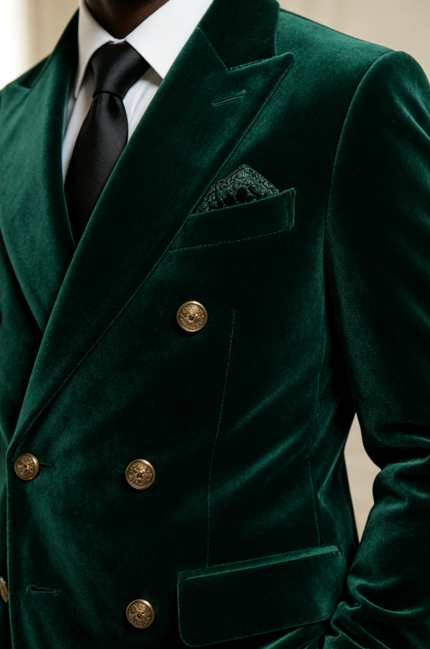 Dark Green Velvet Gold Button Double‑Breasted Formal 2‑Piece Suit