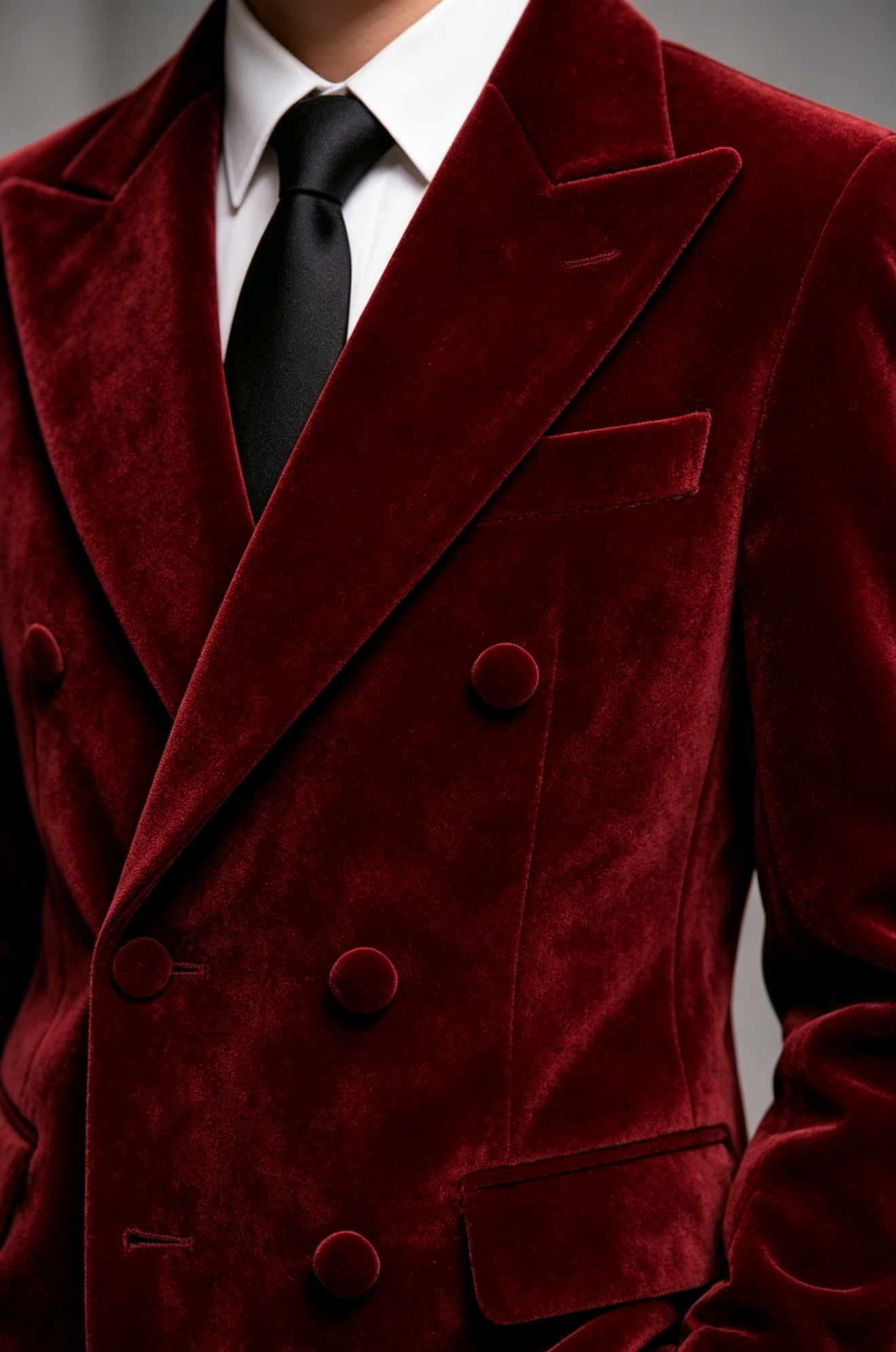 Burgundy Velvet Matching Fabric Button Double‑Breasted Formal 2‑Piece Suit