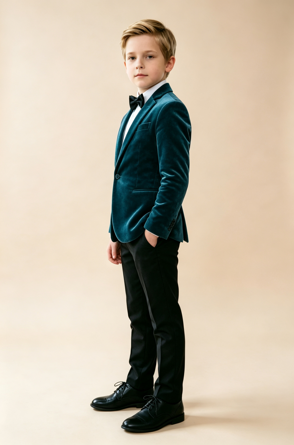 Teal‑Blue Velvet & Black Blend Single‑Breasted 2‑Piece Suit