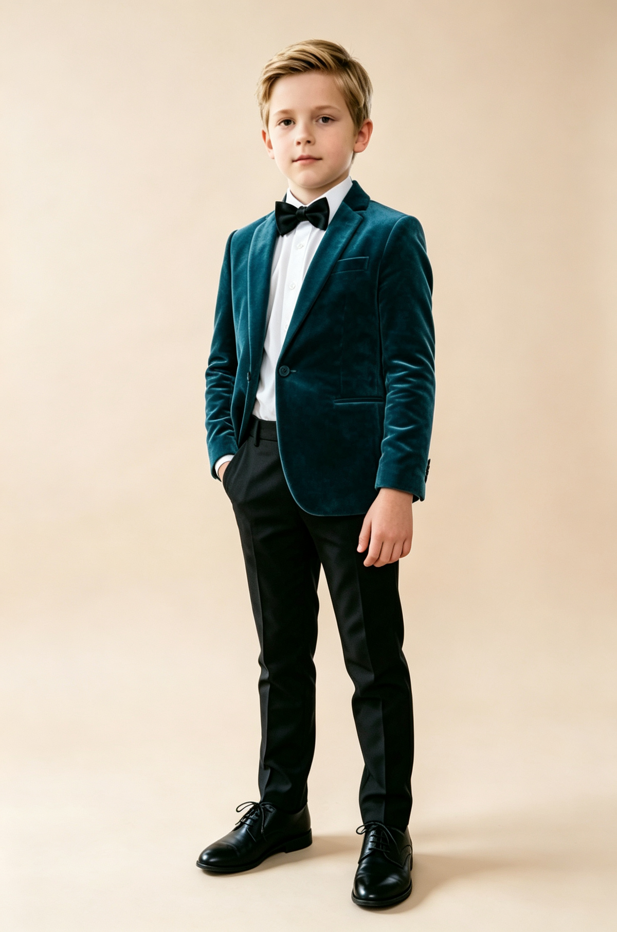 Teal‑Blue Velvet & Black Blend Single‑Breasted 2‑Piece Suit