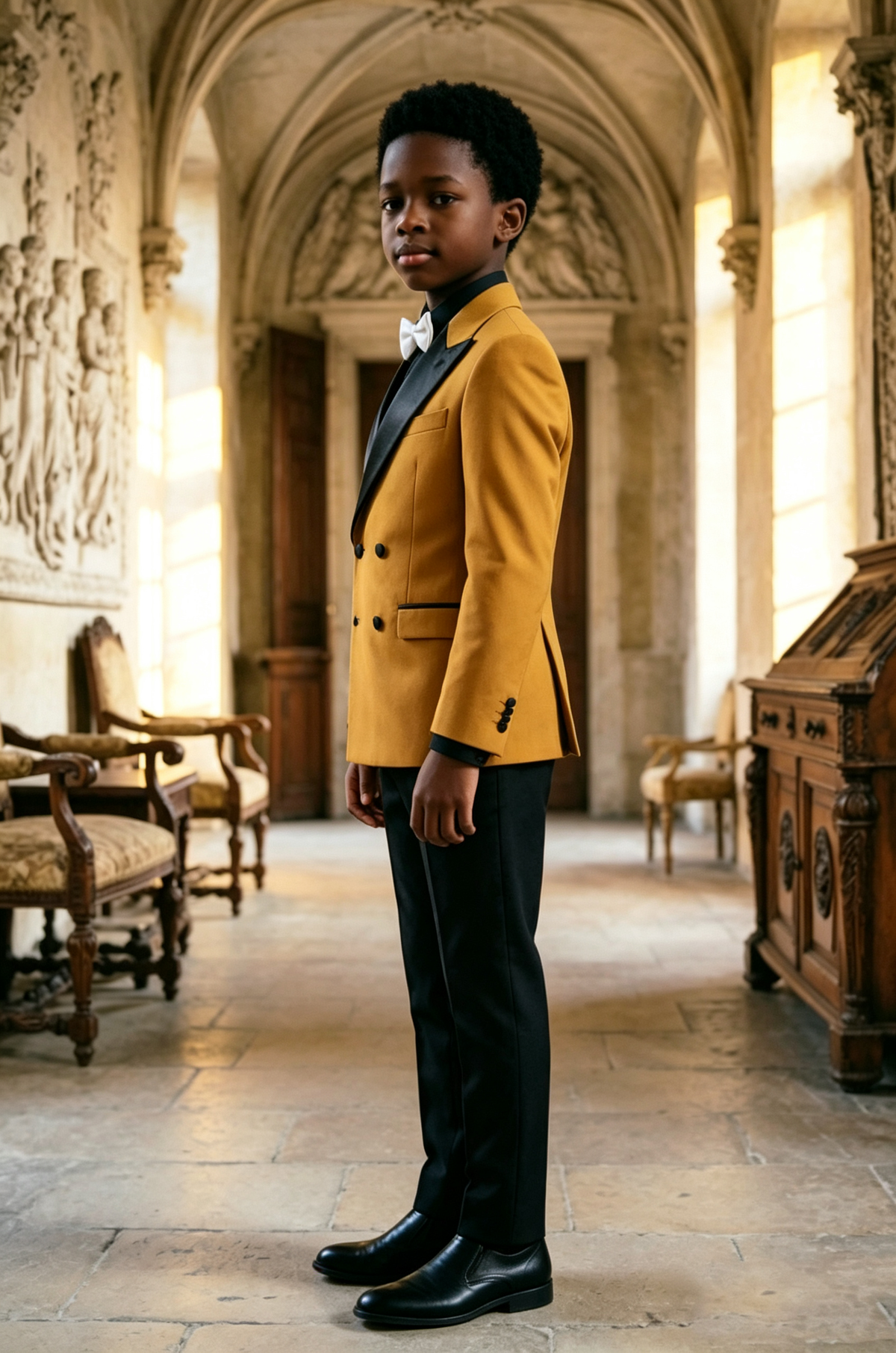Mustard Yellow & Black Blended Double‑Breasted 2‑Piece Suit