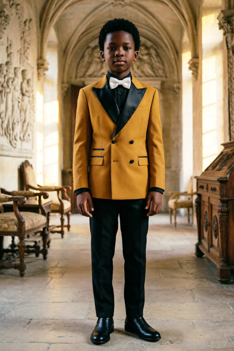 Mustard Yellow & Black Blended Double‑Breasted 2‑Piece Suit