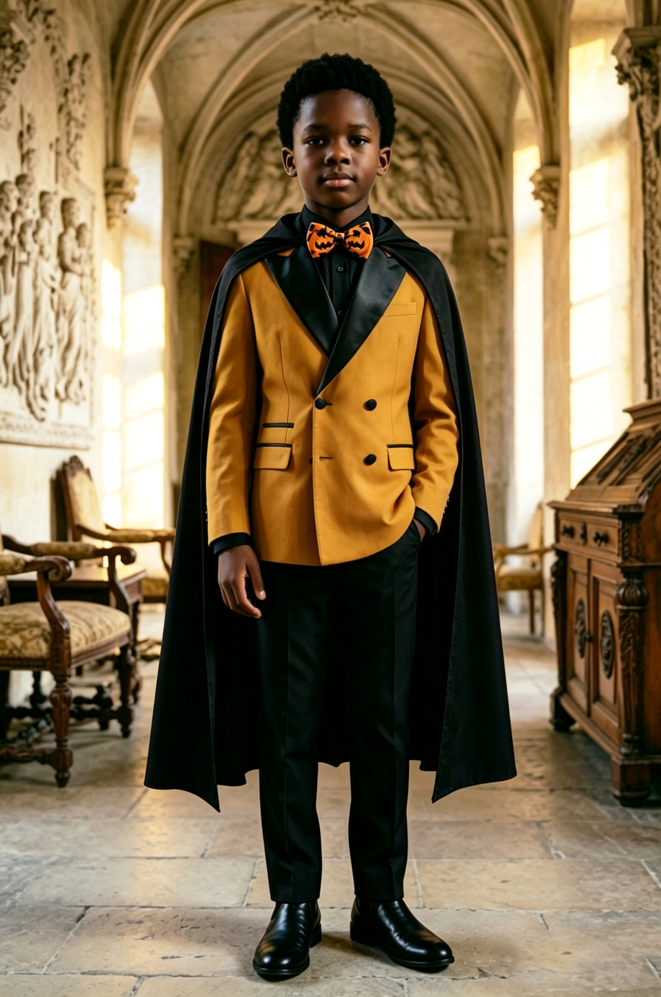 Mustard Yellow & Black Blended Double‑Breasted 2‑Piece Suit